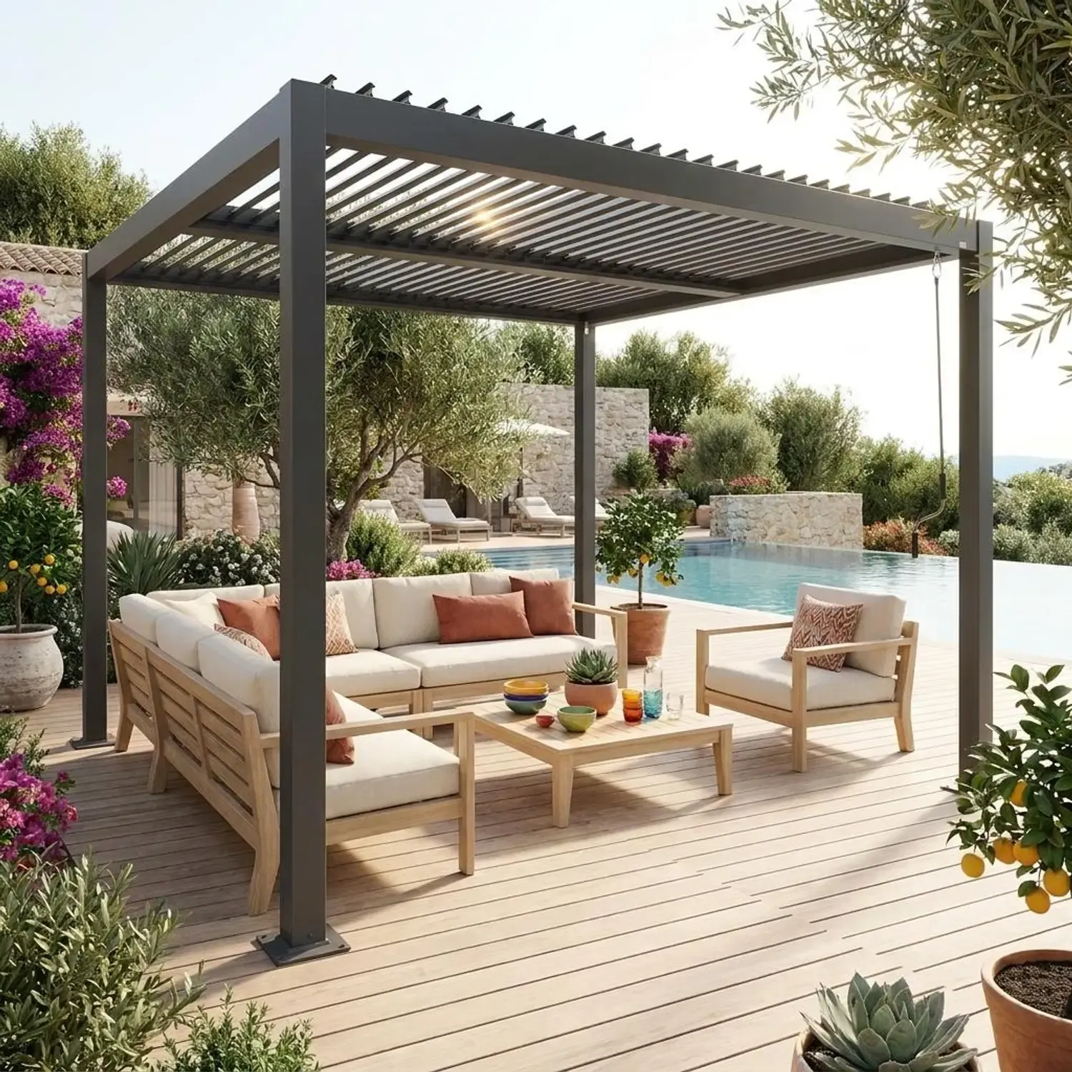 Terrasse couverte par une pergola, salon de jardin et clôture en bois